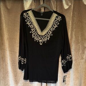 Alfani Black Embroidered Top with Sheer Sleeves Size XL
